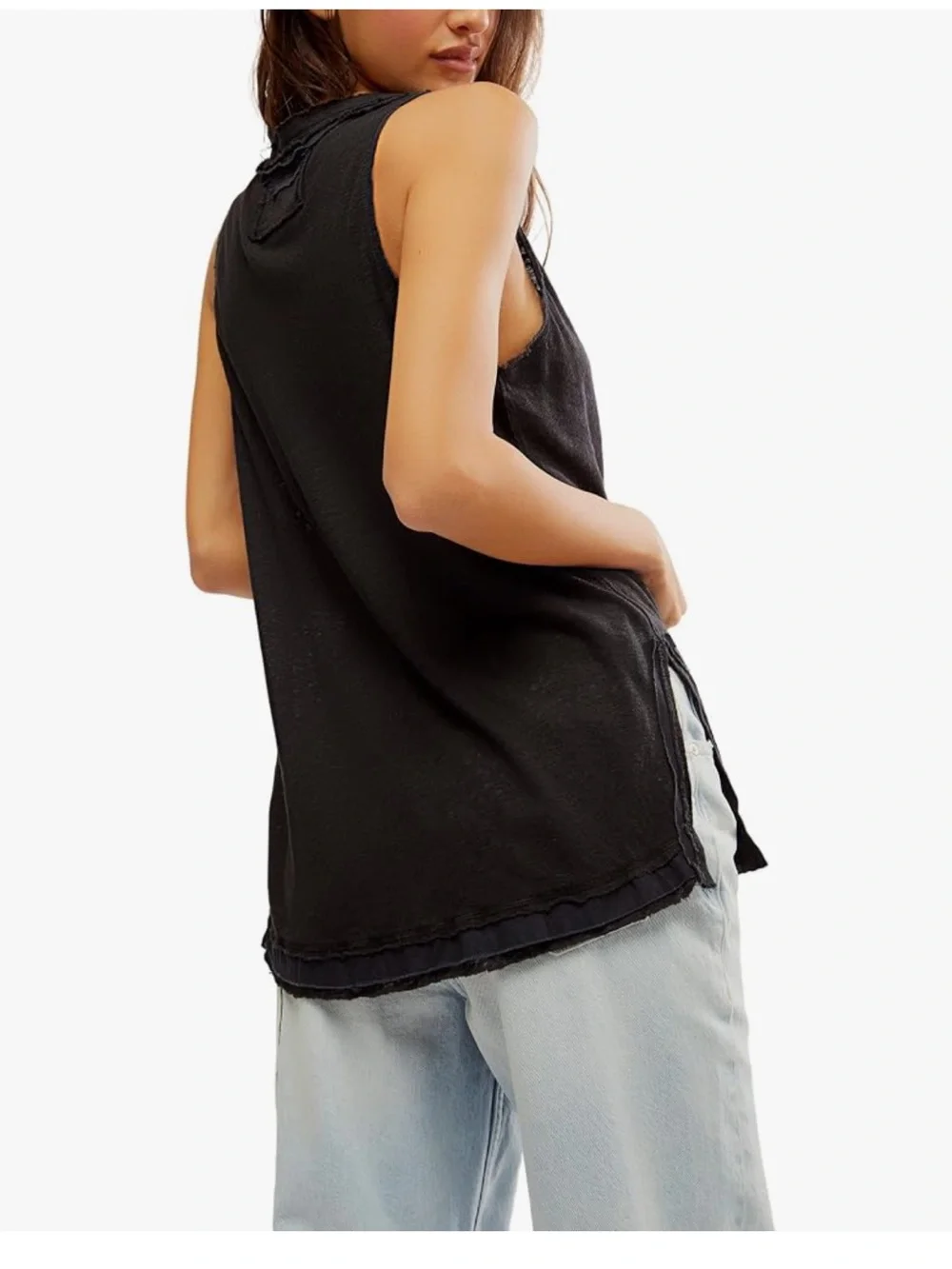 Free People Love Language Burnout Black Sleeveless Henley Tank L